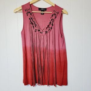 Midnight Velvet Bohemian Beaded Fringe Ombre Tank, Pink/Red